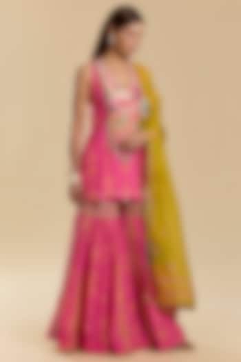 Hot Pink Crepe Printed Gharara Set by Raji Ramniq at Pernia's Pop Up Shop