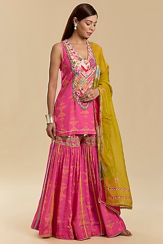 Hot Pink Crepe Printed Gharara Set by Raji Ramniq