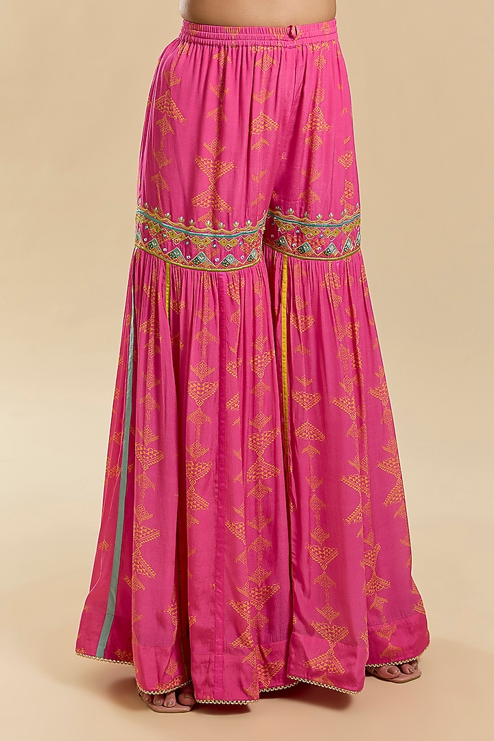 Hot Pink Crepe Printed Gharara Set by Raji Ramniq at Pernia's Pop Up Shop