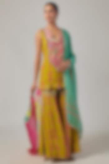 Yellow Crepe & Organza Gharara Set by Raji ramniq at Pernia's Pop Up Shop