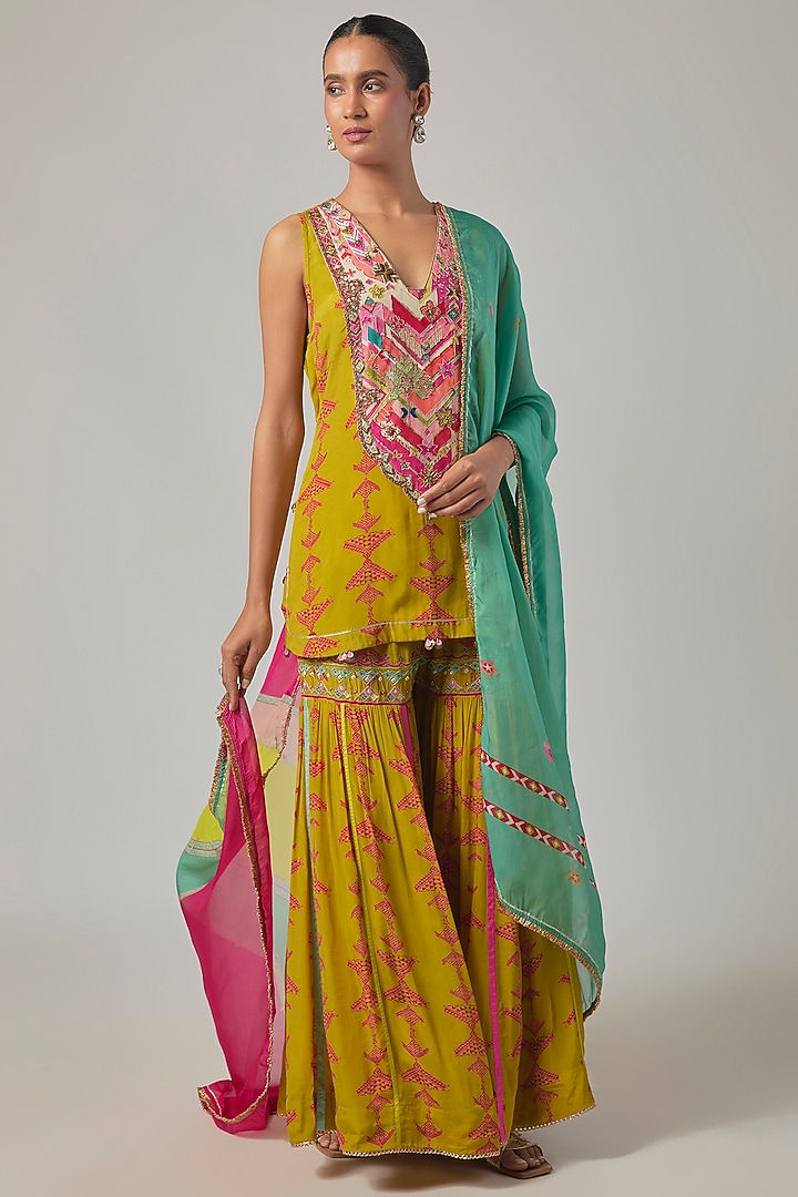 Yellow Crepe & Organza Gharara Set by Raji ramniq at Pernia's Pop Up Shop
