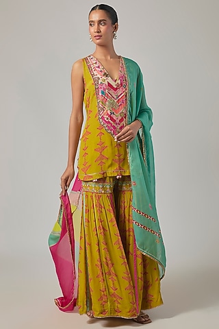 Yellow Crepe & Organza Gharara Set by Raji ramniq