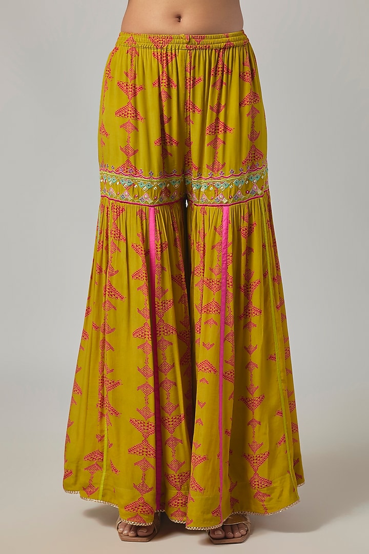 Yellow Crepe & Organza Gharara Set by Raji ramniq at Pernia's Pop Up Shop