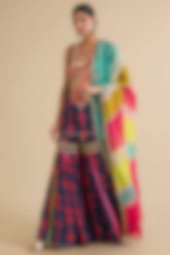 Blue Crepe Printed & Hand Embroidered Kurta Set by Raji ramniq at Pernia's Pop Up Shop