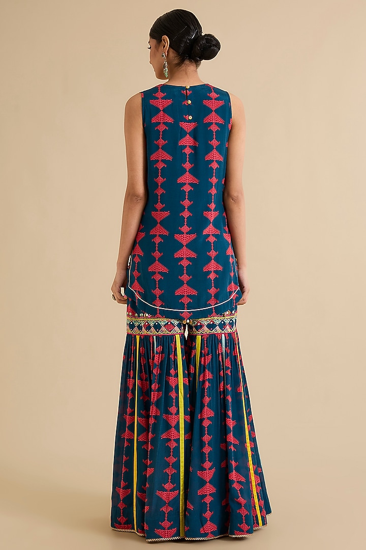 Blue Crepe Printed & Hand Embroidered Kurta Set by Raji ramniq at Pernia's Pop Up Shop