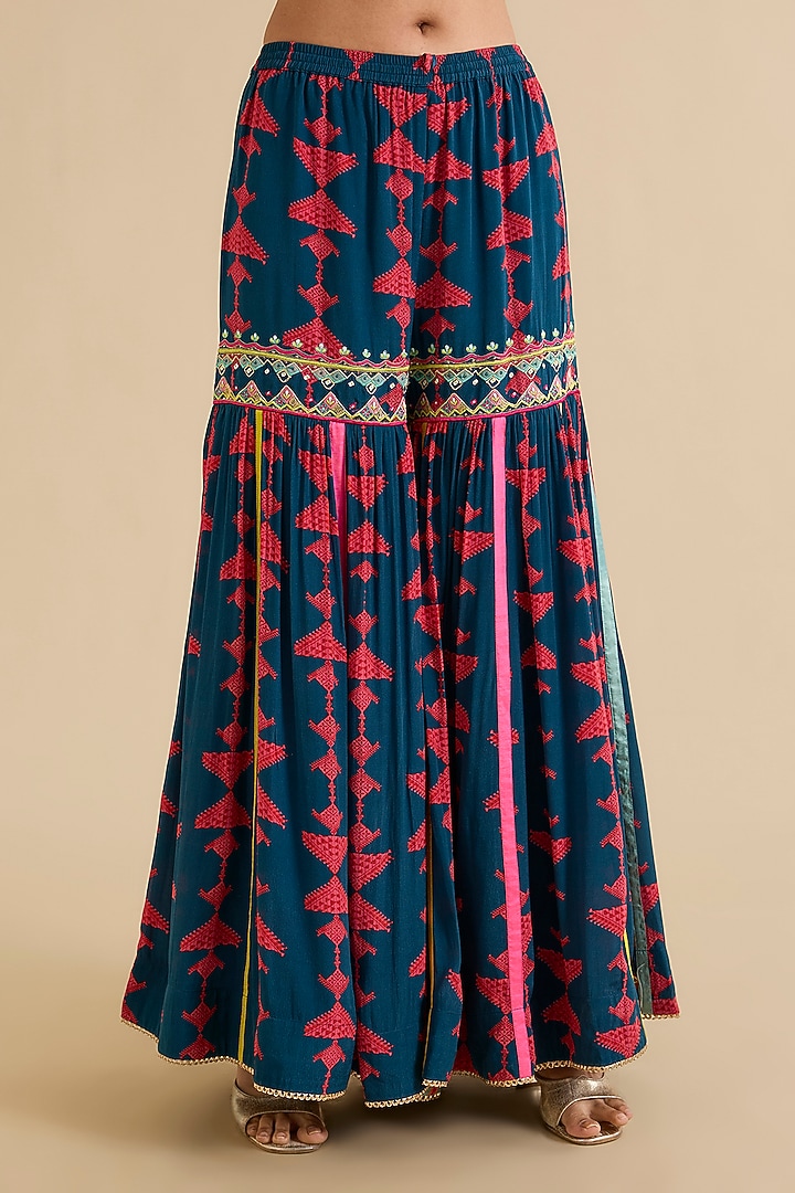Blue Crepe Printed & Hand Embroidered Kurta Set by Raji ramniq at Pernia's Pop Up Shop