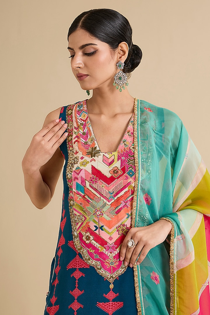 Blue Crepe Printed & Hand Embroidered Kurta Set by Raji ramniq at Pernia's Pop Up Shop