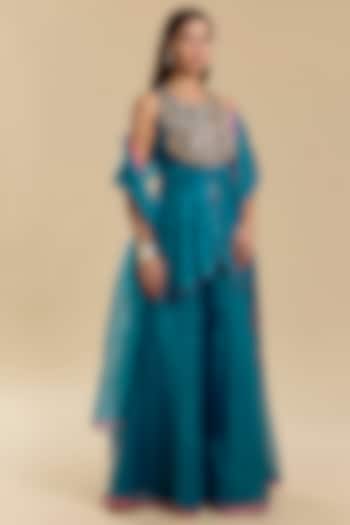 Teal Blue Organza Silk Wedding Sharara Set by Raji Ramniq at Pernia's Pop Up Shop