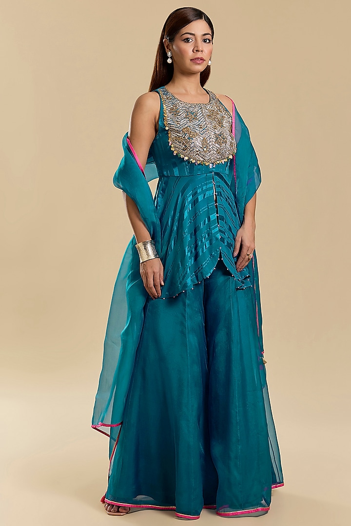 Teal Blue Organza Silk Wedding Sharara Set by Raji Ramniq at Pernia's Pop Up Shop