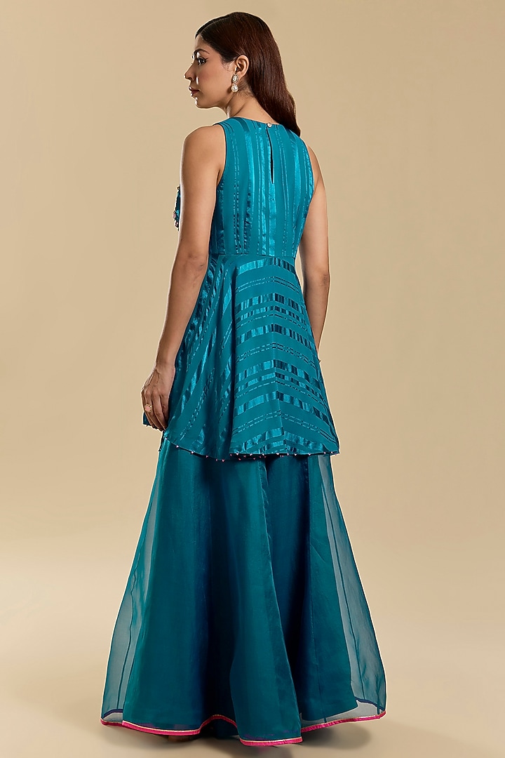 Teal Blue Organza Silk Wedding Sharara Set by Raji Ramniq at Pernia's Pop Up Shop