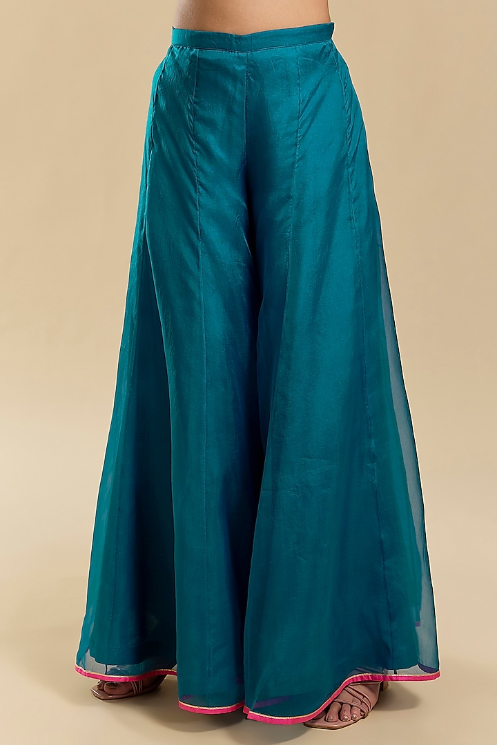 Teal Blue Organza Silk Wedding Sharara Set by Raji Ramniq at Pernia's Pop Up Shop