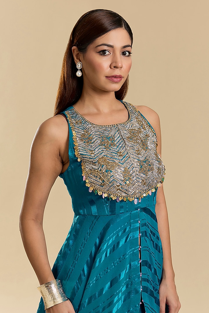 Teal Blue Organza Silk Wedding Sharara Set by Raji Ramniq at Pernia's Pop Up Shop