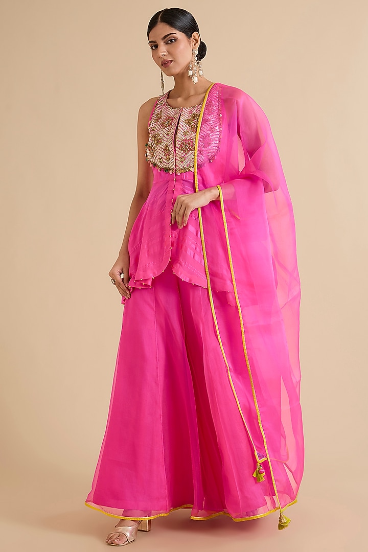 Pink Organza & Satin Wedding Sharara Set by Raji ramniq at Pernia's Pop Up Shop