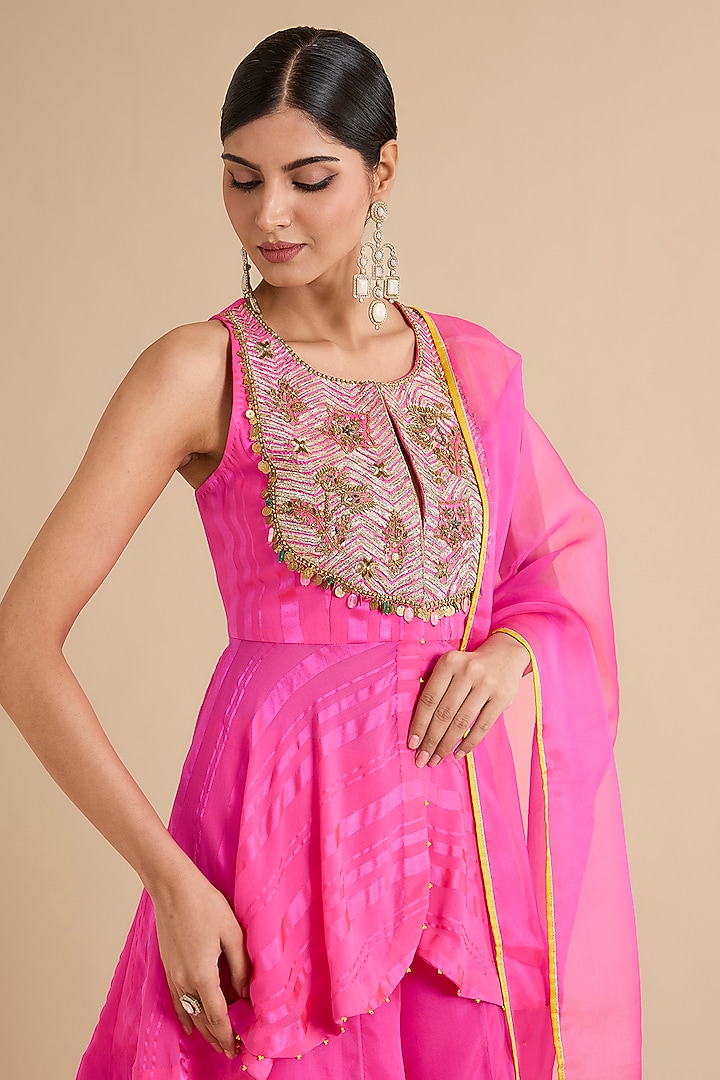 Pink Organza & Satin Wedding Sharara Set by Raji ramniq at Pernia's Pop Up Shop