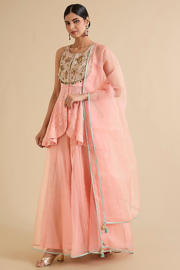 Pink Organza & Satin Wedding Sharara Set by Raji ramniq at Pernia's Pop Up Shop