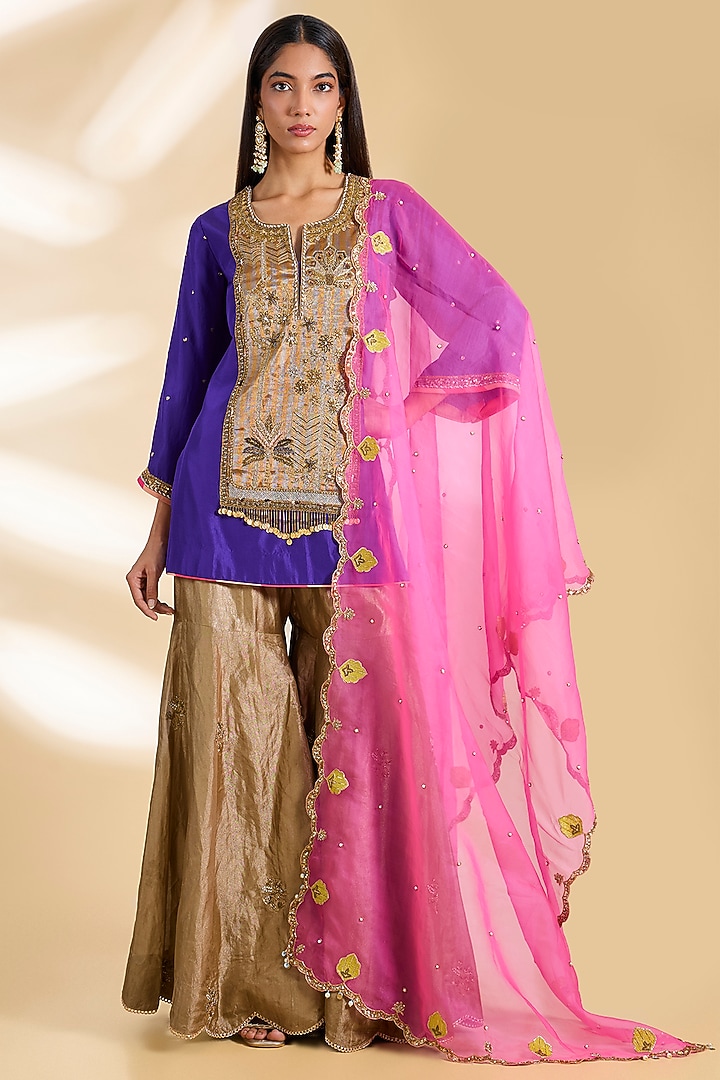 Antique Golden Tissue Silk Gharara Set by Raji ramniq at Pernia's Pop Up Shop