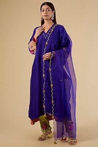 Purple Modal Satin Hand Embroidered Striped Kaftan Set by Raji Ramniq