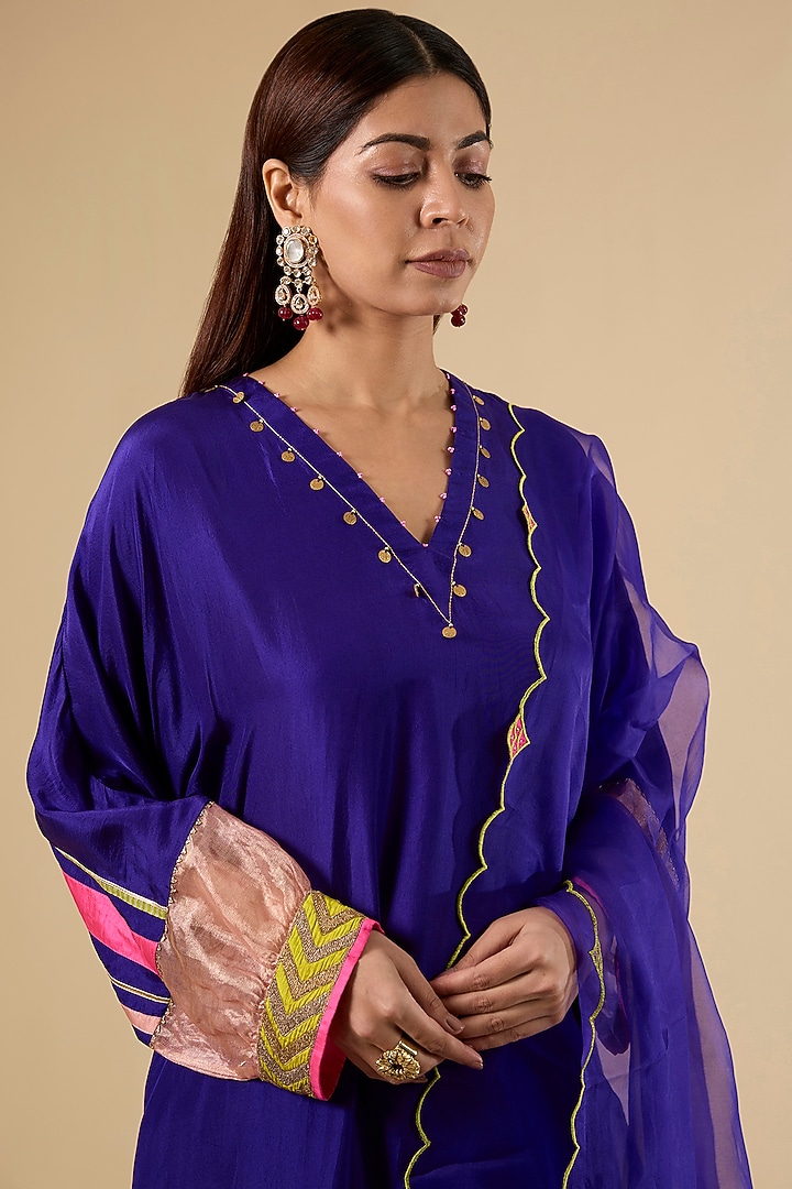 Purple Modal Satin Hand Embroidered Striped Kaftan Set by Raji Ramniq at Pernia's Pop Up Shop