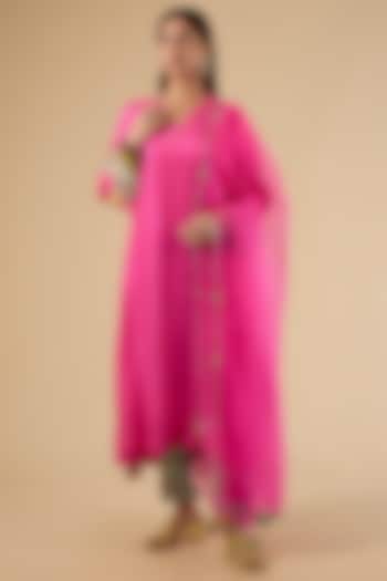 Pink Modal Satin Hand Embroidered Striped Kaftan Set by Raji Ramniq at Pernia's Pop Up Shop