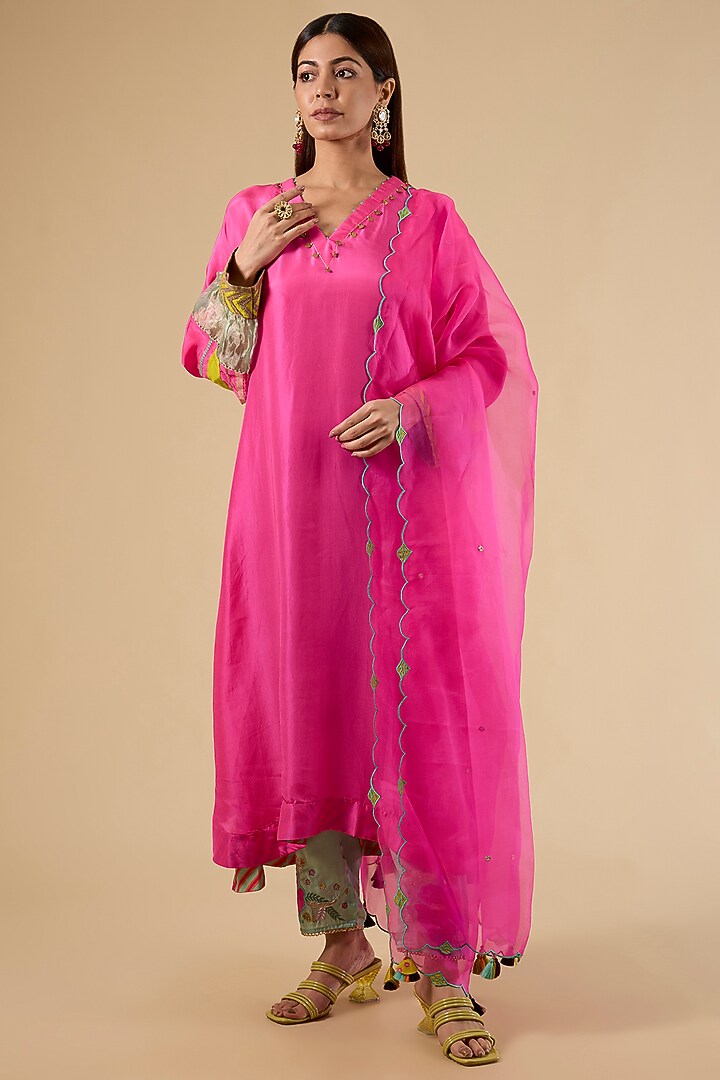 Pink Modal Satin Hand Embroidered Striped Kaftan Set by Raji Ramniq at Pernia's Pop Up Shop