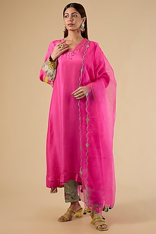 Pink Modal Satin Hand Embroidered Striped Kaftan Set by Raji Ramniq