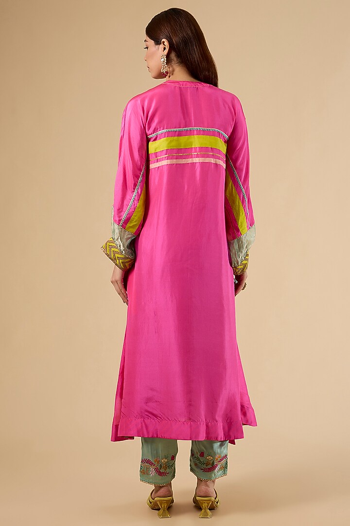 Pink Modal Satin Hand Embroidered Striped Kaftan Set by Raji Ramniq at Pernia's Pop Up Shop
