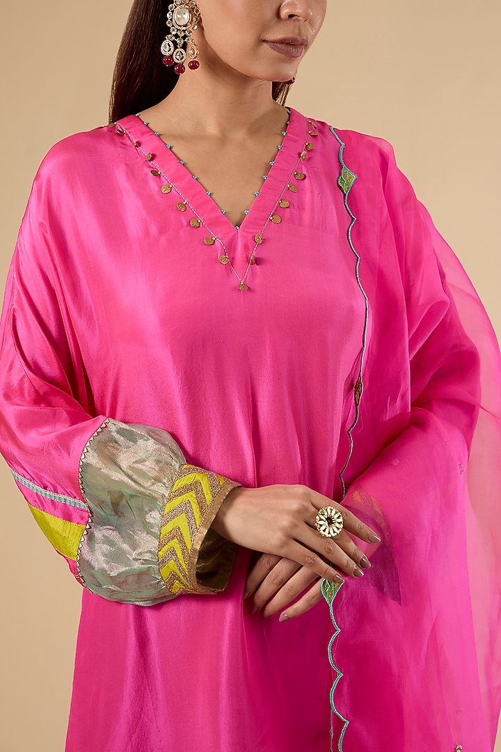 Pink Modal Satin Hand Embroidered Striped Kaftan Set by Raji Ramniq at Pernia's Pop Up Shop