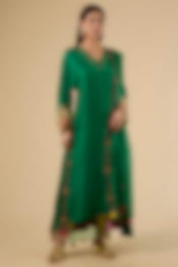 Green Modal Satin Hand Embroidered Striped Kaftan Set by Raji Ramniq at Pernia's Pop Up Shop