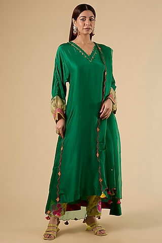 Green Modal Satin Hand Embroidered Striped Kaftan Set by Raji Ramniq