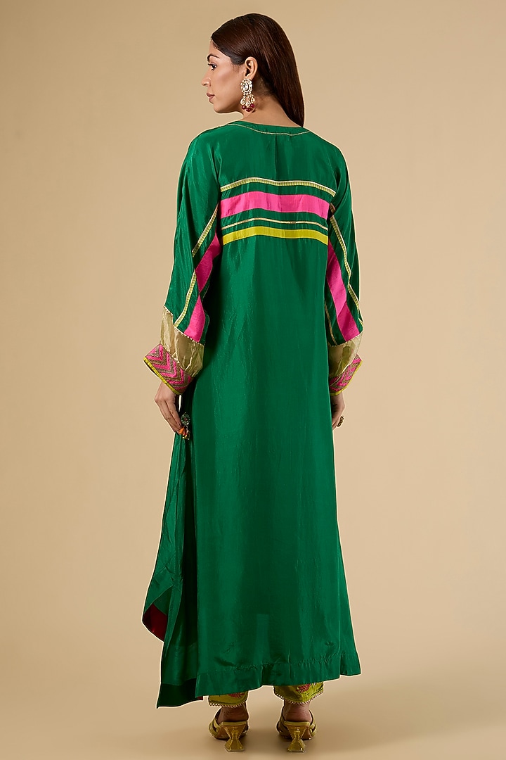 Green Modal Satin Hand Embroidered Striped Kaftan Set by Raji Ramniq at Pernia's Pop Up Shop