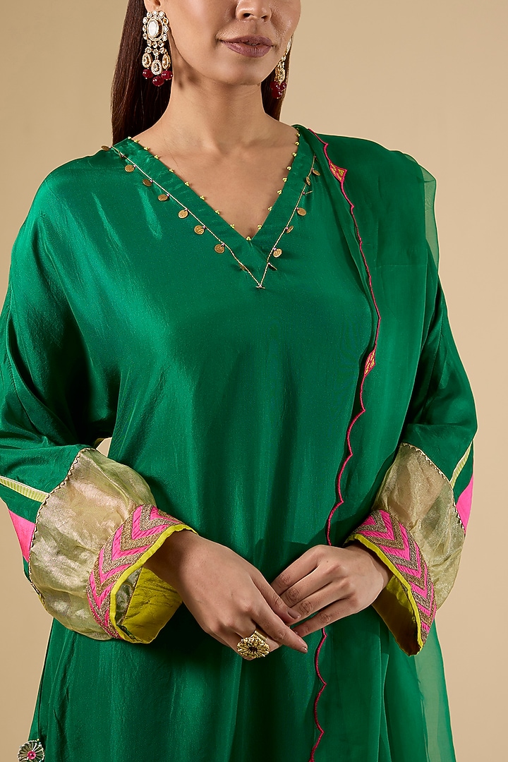 Green Modal Satin Hand Embroidered Striped Kaftan Set by Raji Ramniq at Pernia's Pop Up Shop