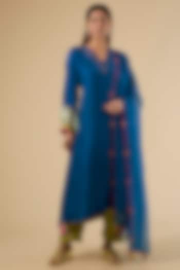 Blue Modal Satin Hand Embroidered Striped Kaftan Set by Raji Ramniq at Pernia's Pop Up Shop