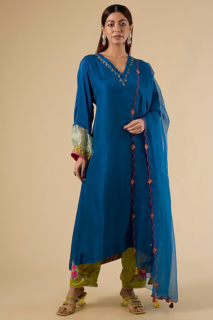 Blue Modal Satin Hand Embroidered Striped Kaftan Set by Raji Ramniq at Pernia's Pop Up Shop