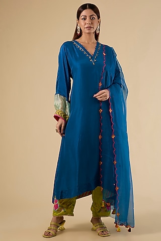 Blue Modal Satin Hand Embroidered Striped Kaftan Set by Raji Ramniq