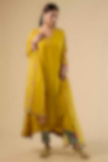 Yellow Modal Satin Hand Embroidered Striped Kaftan Set by Raji Ramniq at Pernia's Pop Up Shop