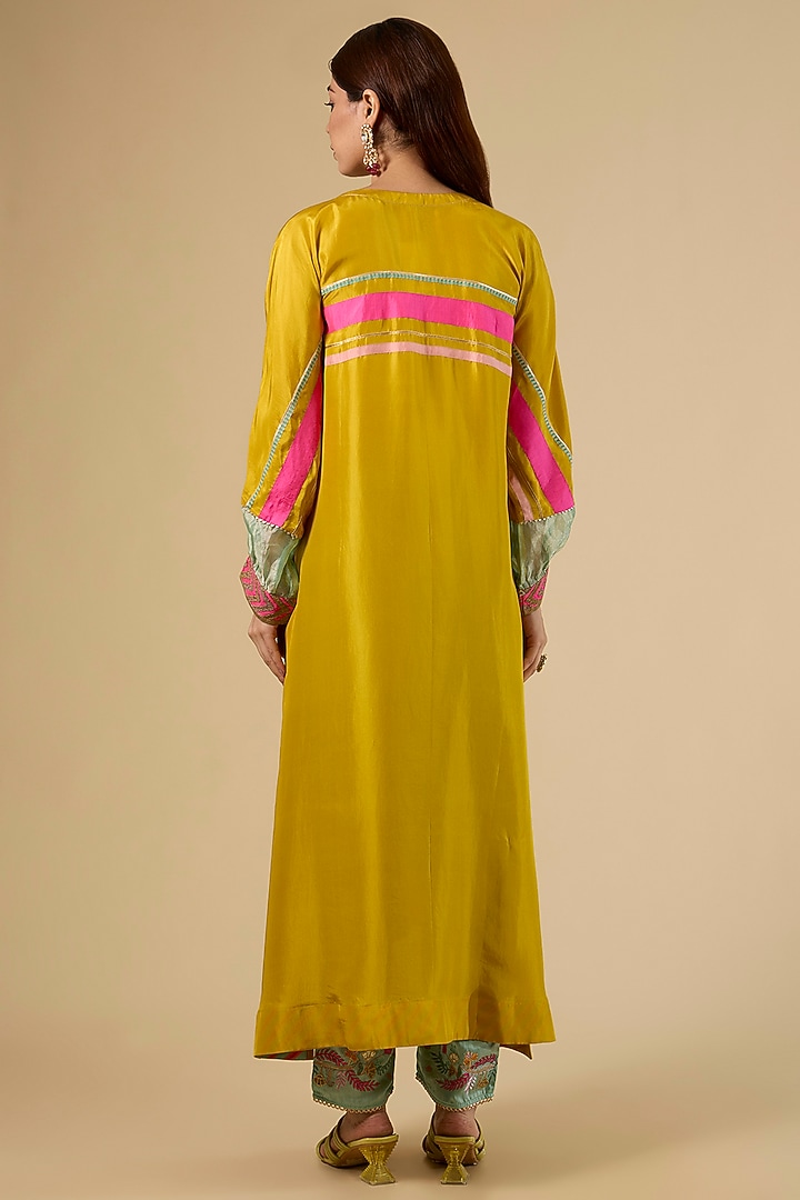 Yellow Modal Satin Hand Embroidered Striped Kaftan Set by Raji Ramniq at Pernia's Pop Up Shop