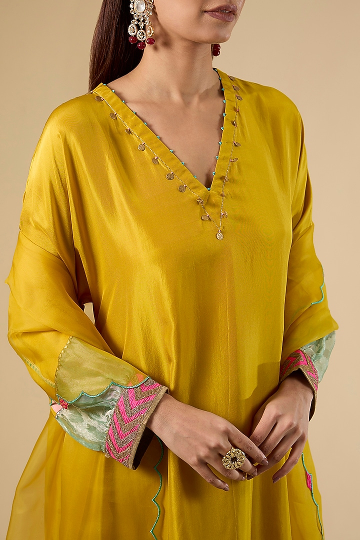 Yellow Modal Satin Hand Embroidered Striped Kaftan Set by Raji Ramniq at Pernia's Pop Up Shop