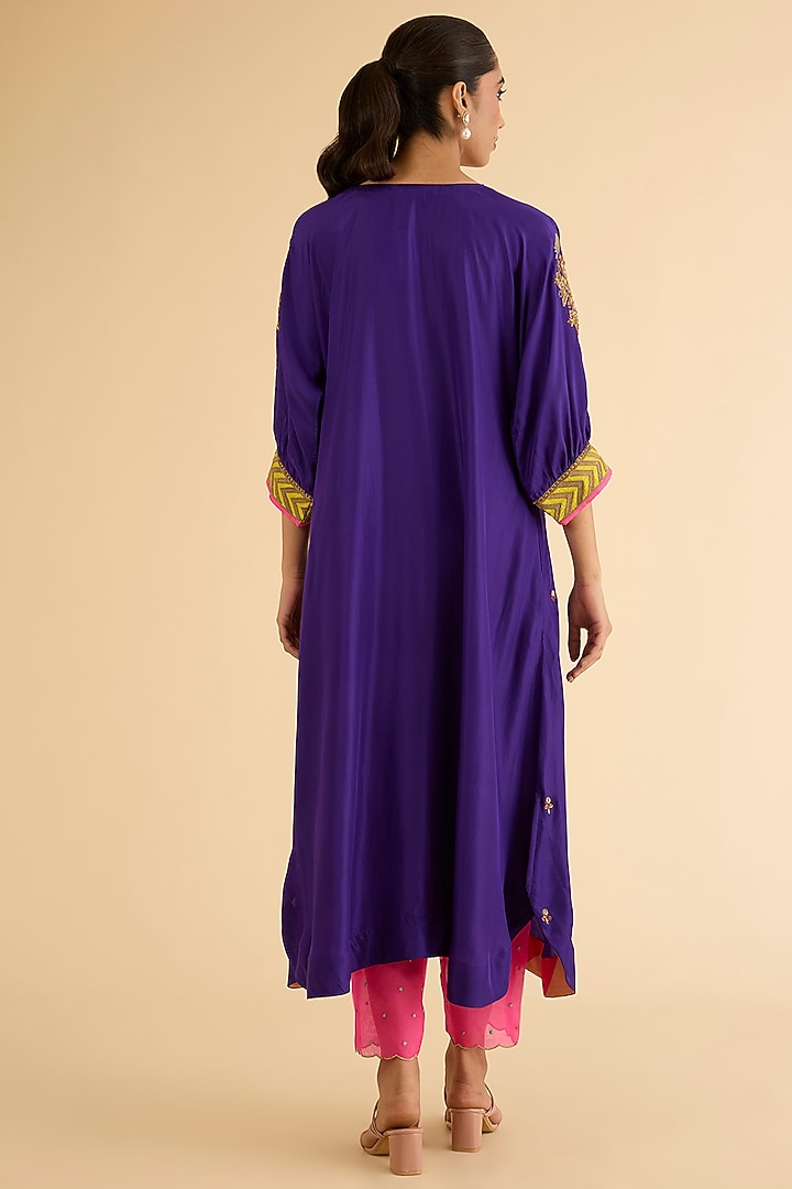 Purple Silk & Modal Satin Hand Embroidered Kaftan Kurta Set by Raji ramniq at Pernia's Pop Up Shop