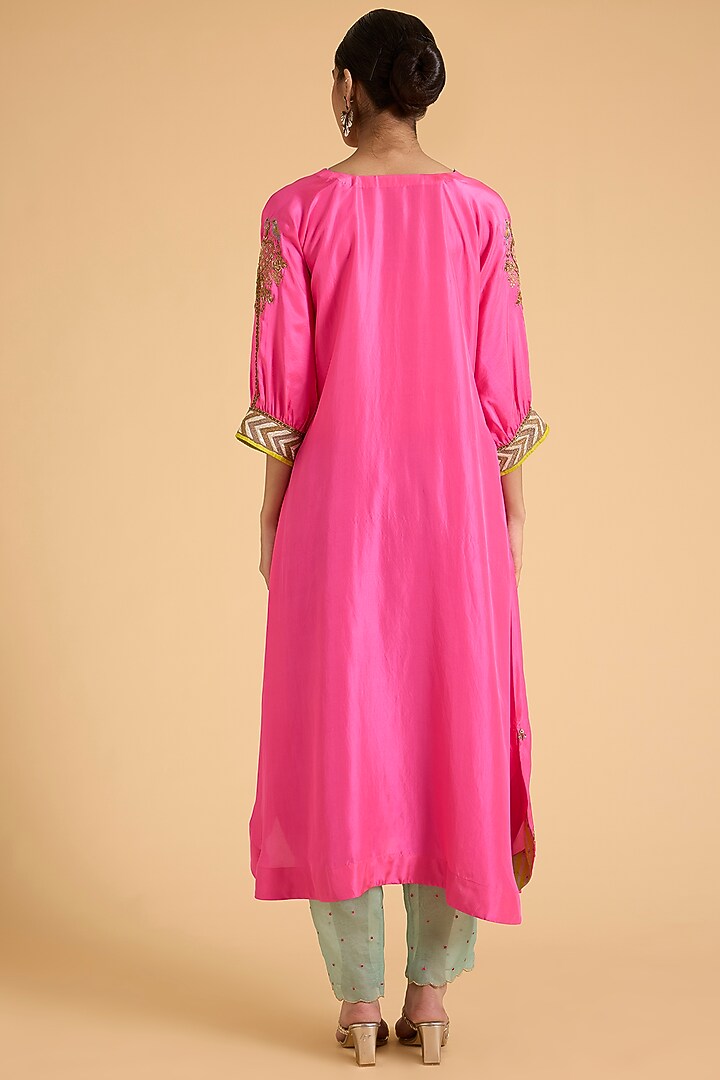 Pink Silk & Modal Satin Hand Embroidered Kaftan Kurta Set by Raji ramniq at Pernia's Pop Up Shop