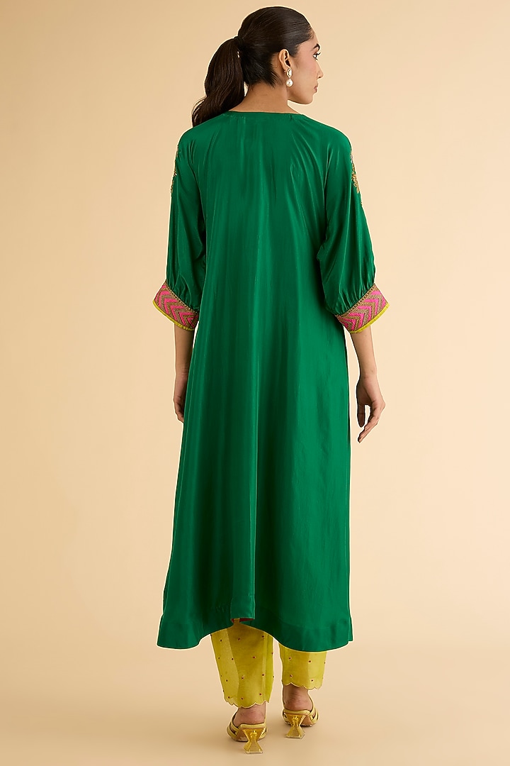 Green Silk & Modal Satin Hand Embroidered Kaftan Kurta Set by Raji ramniq at Pernia's Pop Up Shop