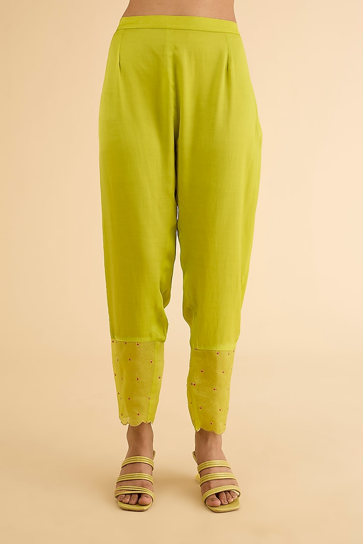Green Silk & Modal Satin Hand Embroidered Kaftan Kurta Set by Raji ramniq at Pernia's Pop Up Shop