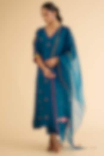 Teal Blue Silk & Modal Satin Hand Embroidered Kaftan Kurta Set by Raji ramniq at Pernia's Pop Up Shop