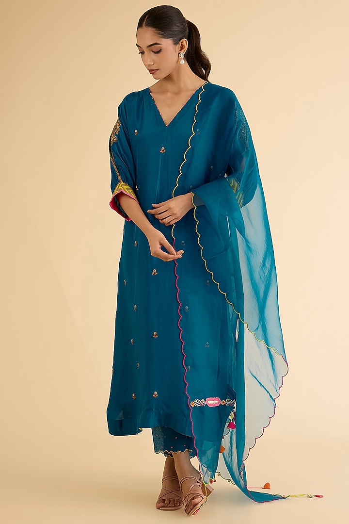 Teal Blue Silk & Modal Satin Hand Embroidered Kaftan Kurta Set by Raji ramniq at Pernia's Pop Up Shop