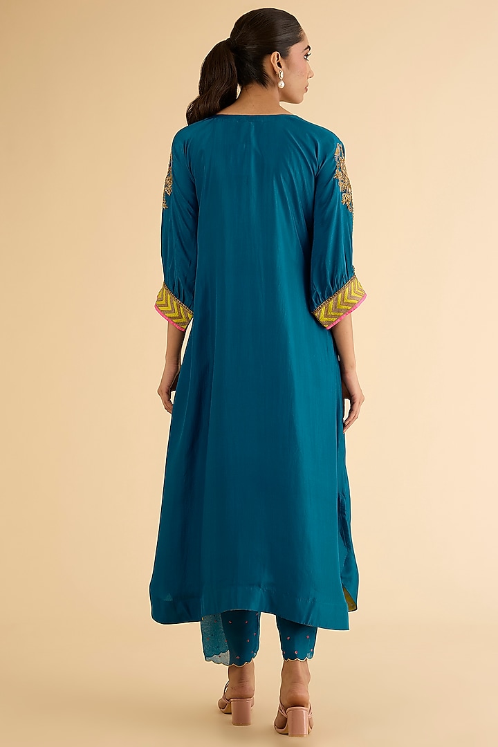 Teal Blue Silk & Modal Satin Hand Embroidered Kaftan Kurta Set by Raji ramniq at Pernia's Pop Up Shop