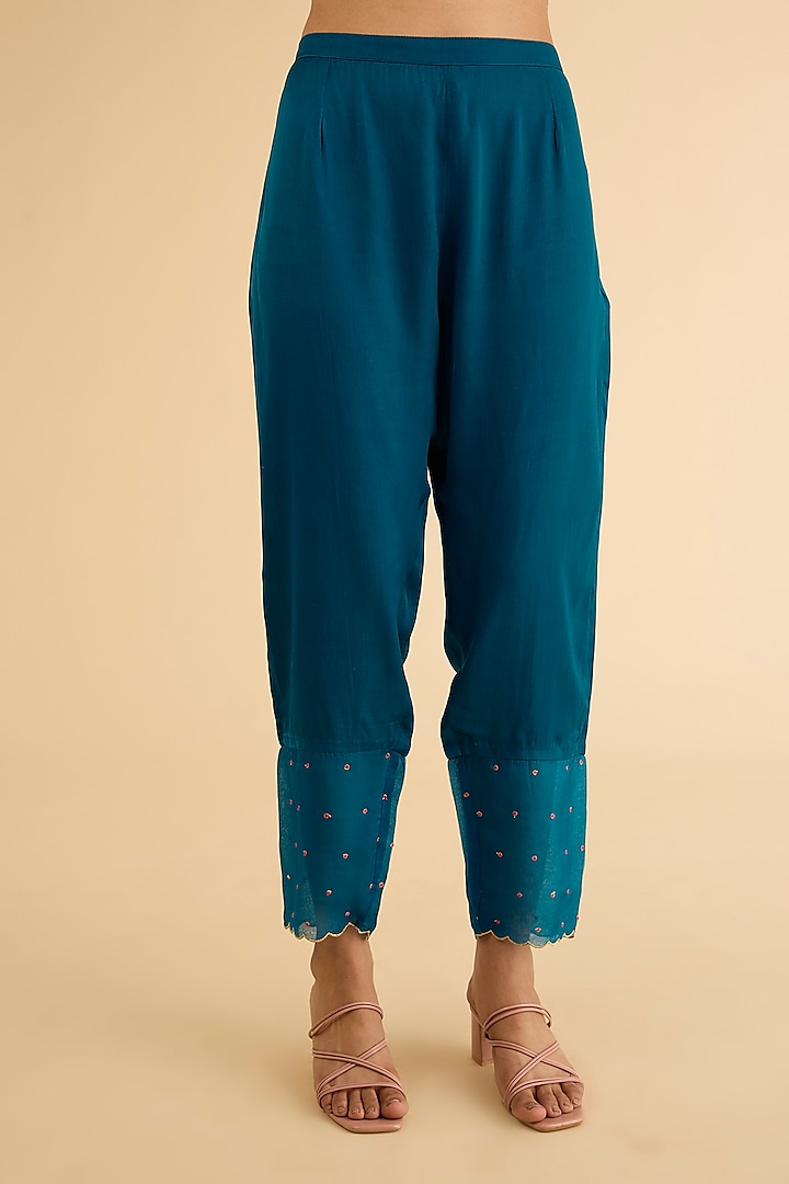 Teal Blue Silk & Modal Satin Hand Embroidered Kaftan Kurta Set by Raji ramniq at Pernia's Pop Up Shop
