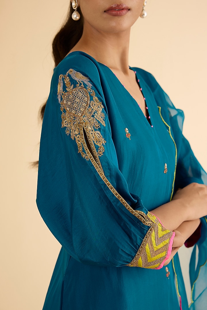 Teal Blue Silk & Modal Satin Hand Embroidered Kaftan Kurta Set by Raji ramniq at Pernia's Pop Up Shop