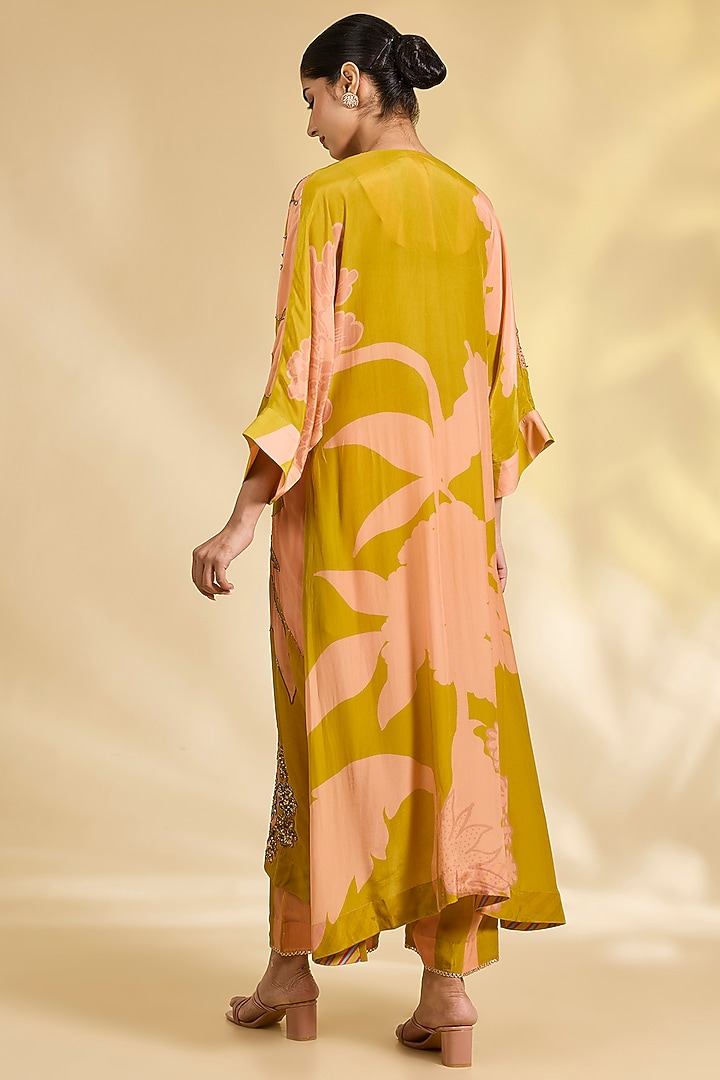 Yellow Crepe Floral Printed Kaftan Kurta Set by Raji Ramniq at Pernia's Pop Up Shop