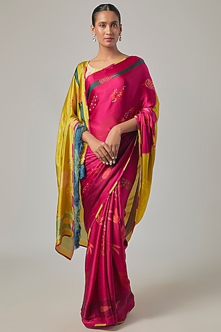 Fuchsia Satin & Crepe Saree Set by Raji ramniq