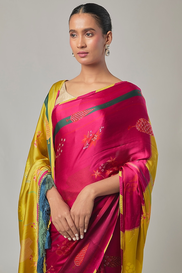 Fuchsia Satin & Crepe Party Wear Saree Set by Raji ramniq at Pernia's Pop Up Shop
