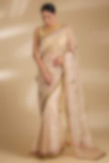 Ivory Tissue Organza Hand Embroidered Wedding Saree Set by Raji ramniq at Pernia's Pop Up Shop